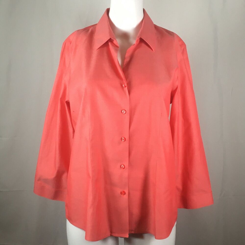 Orvis Shirt Women Sz 8 Orange Wrinkle Free Cotton Blouse Button Front 3/4 Sleeve